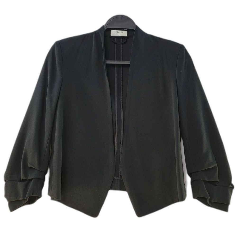 Aritzia Babaton Black Crepe Ruched 3/4 Sleeve Power Waist Open Blazer 2